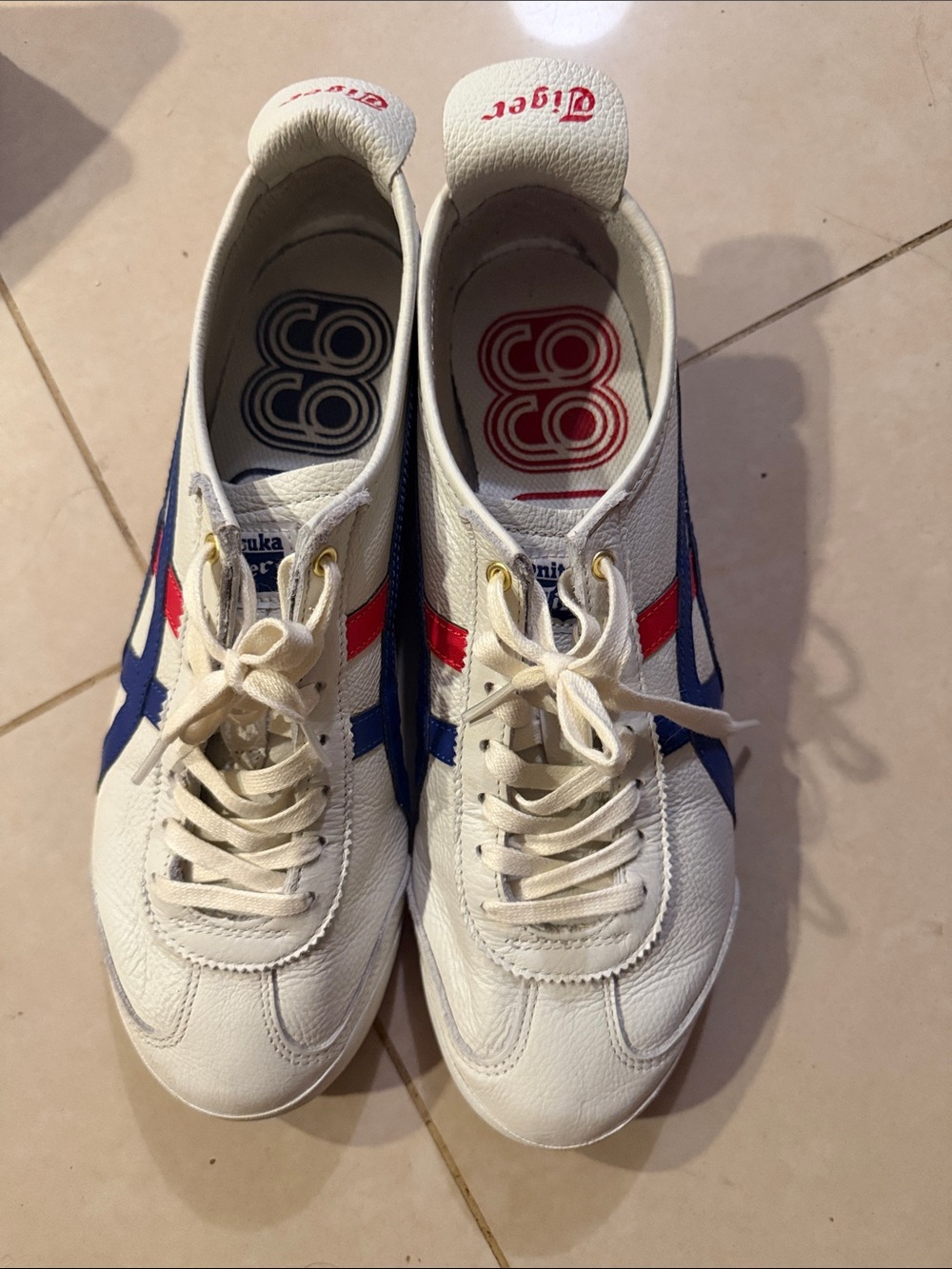 Onitsuka Tiger by Asics White Sneakers with Blue & Red Stripes - worn x2 times